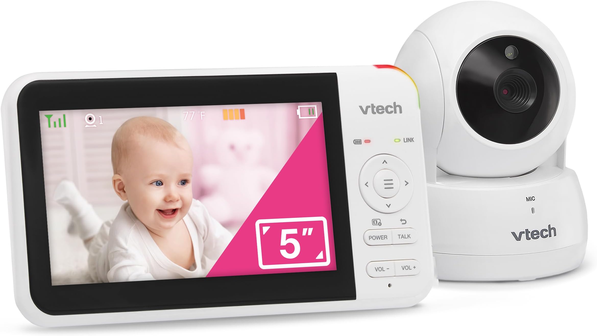 VM924 Remote Pan-Tilt-Zoom Video Baby Monitor, 5" LCD Screen, Up to 17 Hrs Video Streaming, Night Vision, Up to 1000ft Range, Soothing Sounds, 2-Way Talk, Temperature Sensor,Secured Transmission
