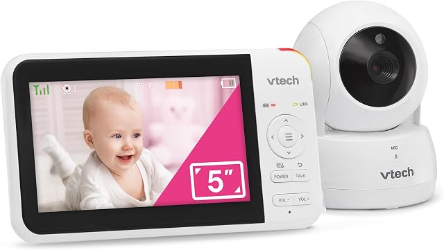VTech VM924 Pan & Moniteur de bébé Tilt Vidéo, 5" LCD Écran, jusqu'à 17 Durée de vie de la batterie vidéo Hrs, Plug & Joue, 1.33x Zoom, vision nocturne, jusqu'à 1000ft Gamme, sons apaisants, 2-Way Parler, transmission sécurisée
