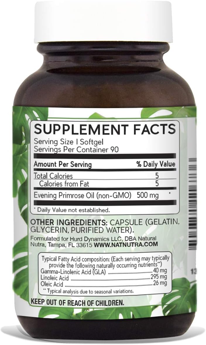 Natural Nutra Evening Primrose Oil Supplement from Fatty Acid, Reduce Acne, Nerve Health, Promote Hearth Health, Skin Clarity, Menopausal Discomfort, 500 mg, 90 Softgel : Health & Household