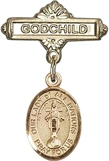 14kt Yellow Gold Baby Badge with Our Lady of All Nations Charm and Godchild Badge Pin 1 X 5/8 inches