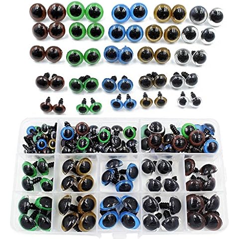 BESTTOYHOME 100pcs 10/12/14/16/18mm 5 Sizes in a Box Assorted Colors Plastic Safety Eyes for Teddy Bear Doll Animal Puppet Craft Cover
