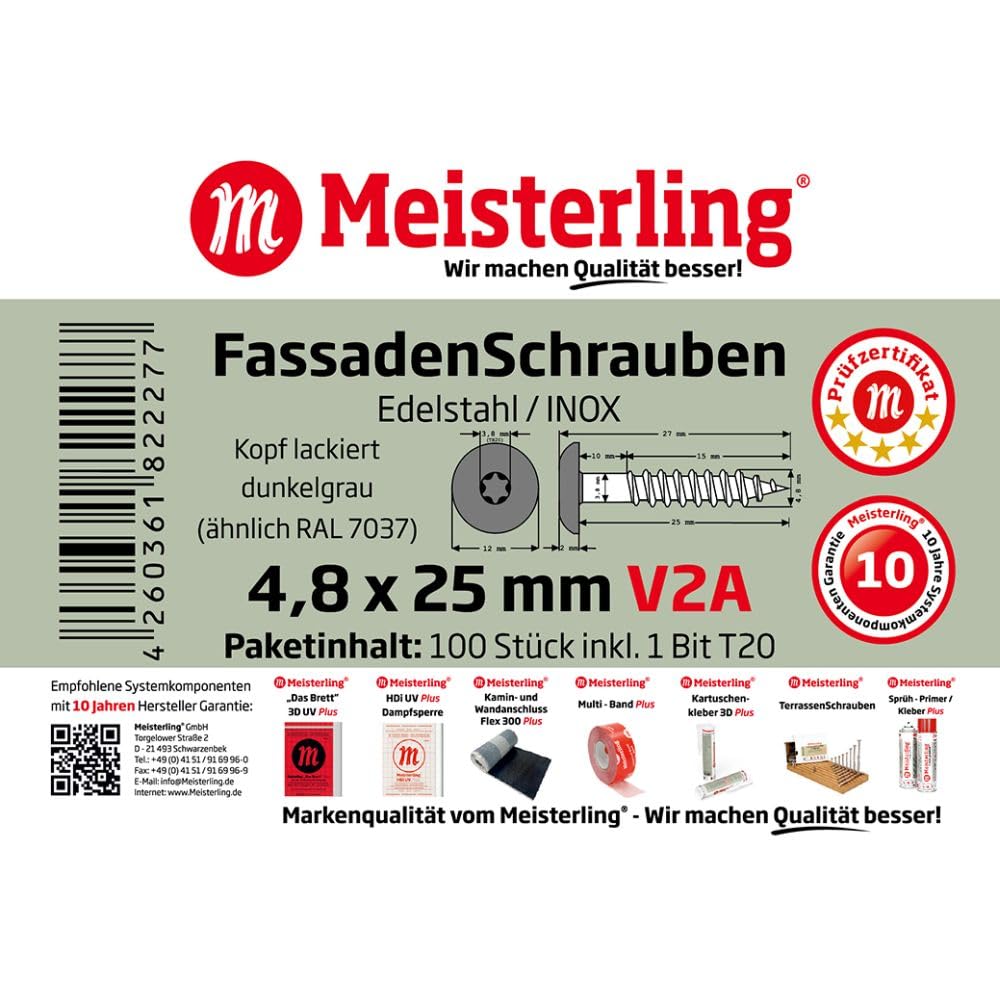 100 vis de façade MEISTERLING® en acier inoxydable V2A 4,8 x 25 mm à tête plate Torx T20 gris foncé + 1 embout