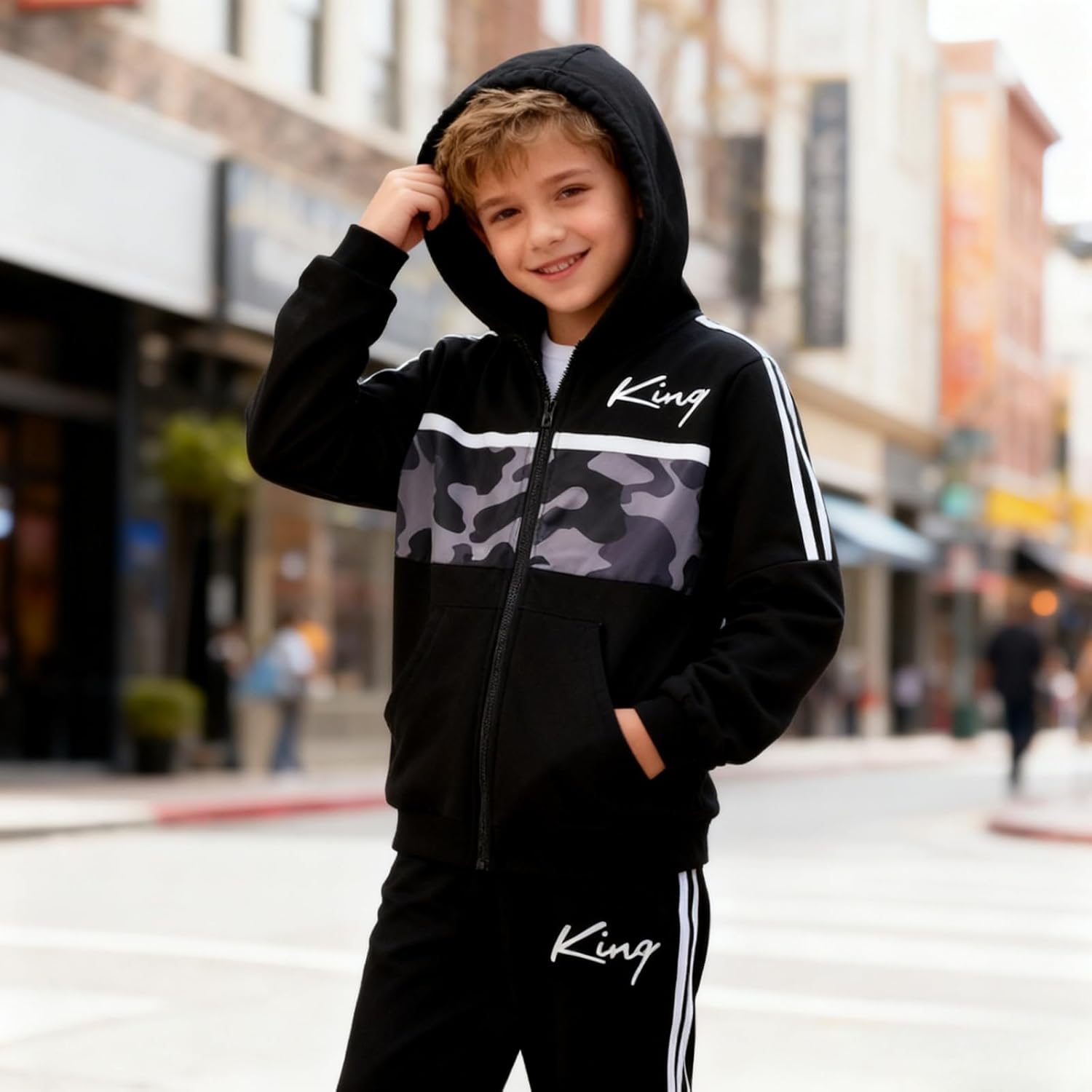 Boys Clothes Camo Color Block Zip Up Hoodie Sweatshirts & Pants 2PCS Kids Boys Fall Winter Outfits Set Size 6-12Y - Image 3