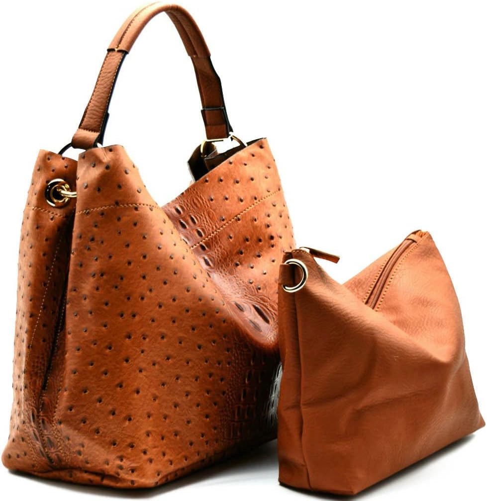 Handbag Republic Ostrich Embossed Tote w/Inner Bag Crossbody -10+ Colors (Brown)