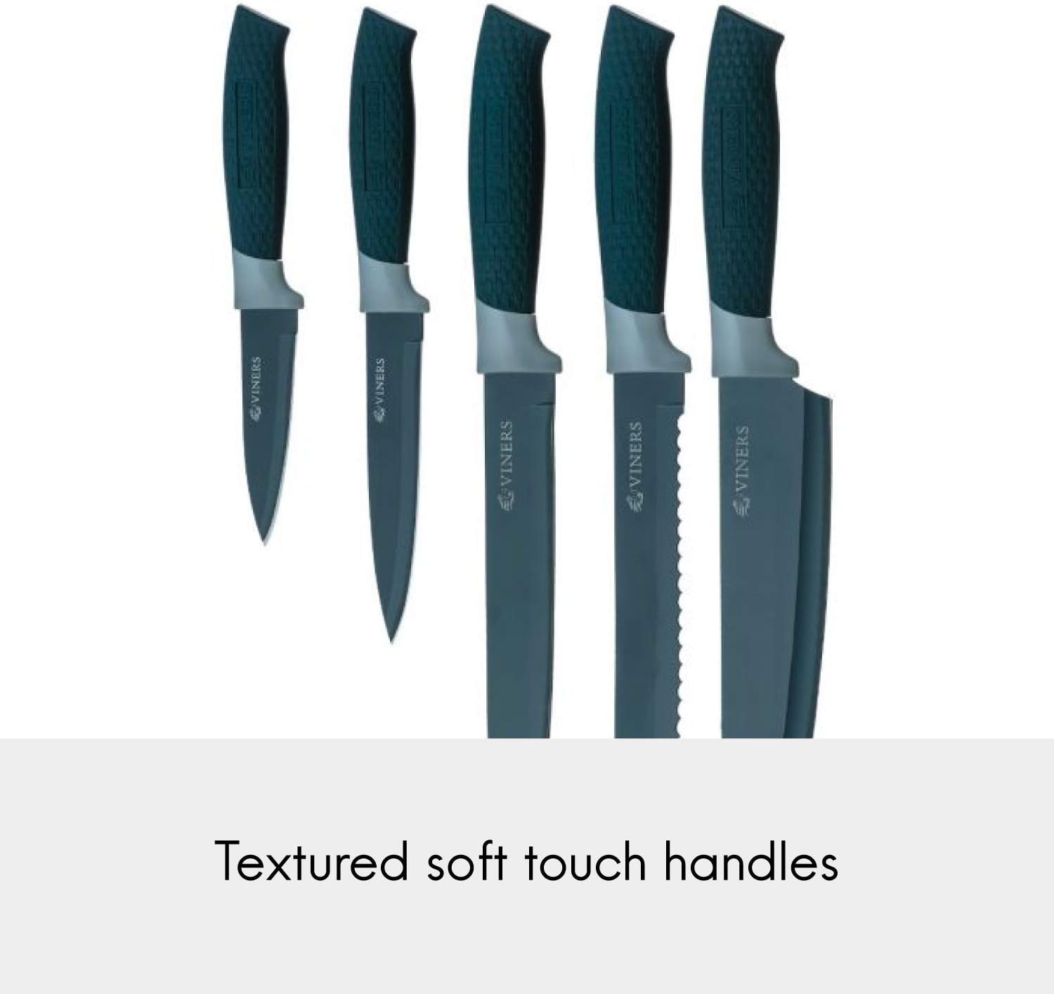 Viners Horizon Knife Block Set of 6-Piece, 5 Kitchen Knives and Bamboo Knife Holder, Chef, Santoku, Carving, Utility and Paring Knives, Indigo, Stainless Steel, 0305.194