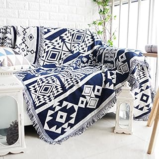 Dulcii Multi-function Decorative Throw Blanket Sofa Towel Cotton Warm Slipcover 130 x 180cm (Dark Blue and Beige Pattern)