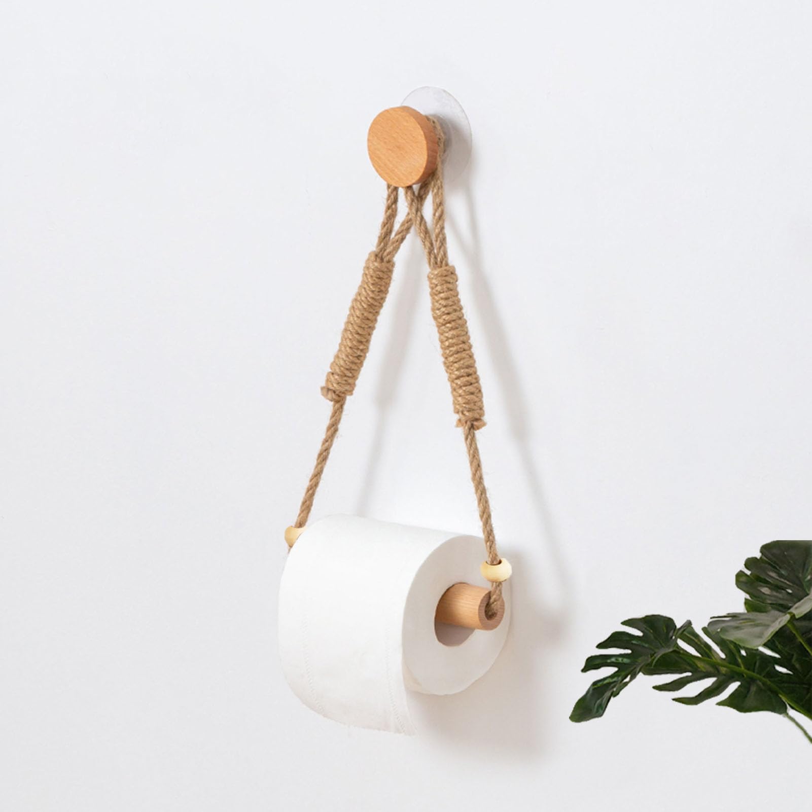 Wood & Rope Wall Toilet Paper Holder, Rustic Tissue Rolls Paper Holder Wall Mounted, Nautical Rattan Bathroom Accessories with Self-Adhesive Seamless Screw — Amazon image 7