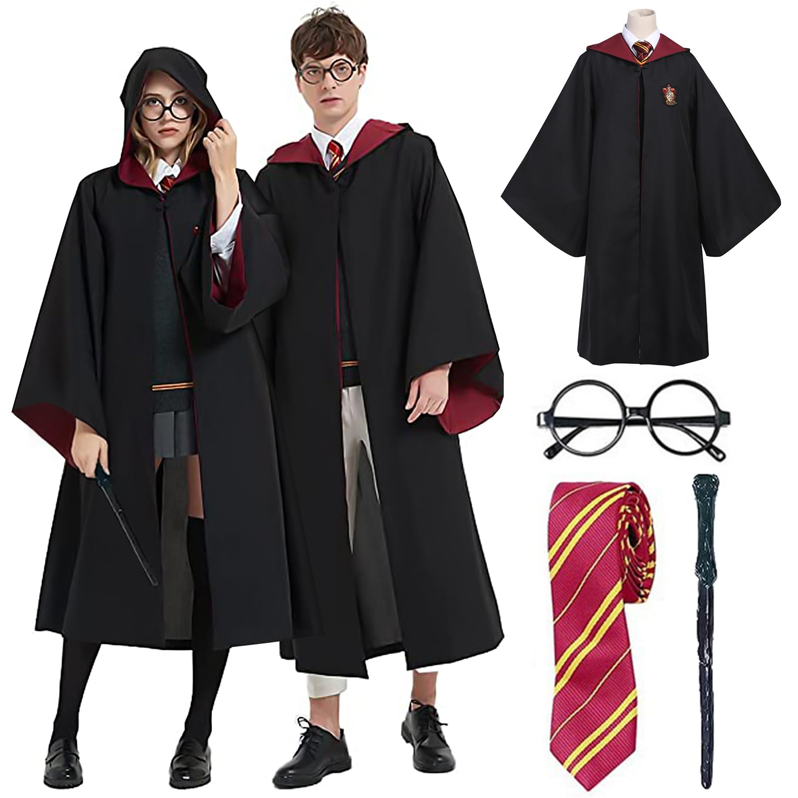 Bocguy Magician Robe, Costume Adult, Cape with Glasses and Tie, Wizard Costume for Halloween (red-2, L)