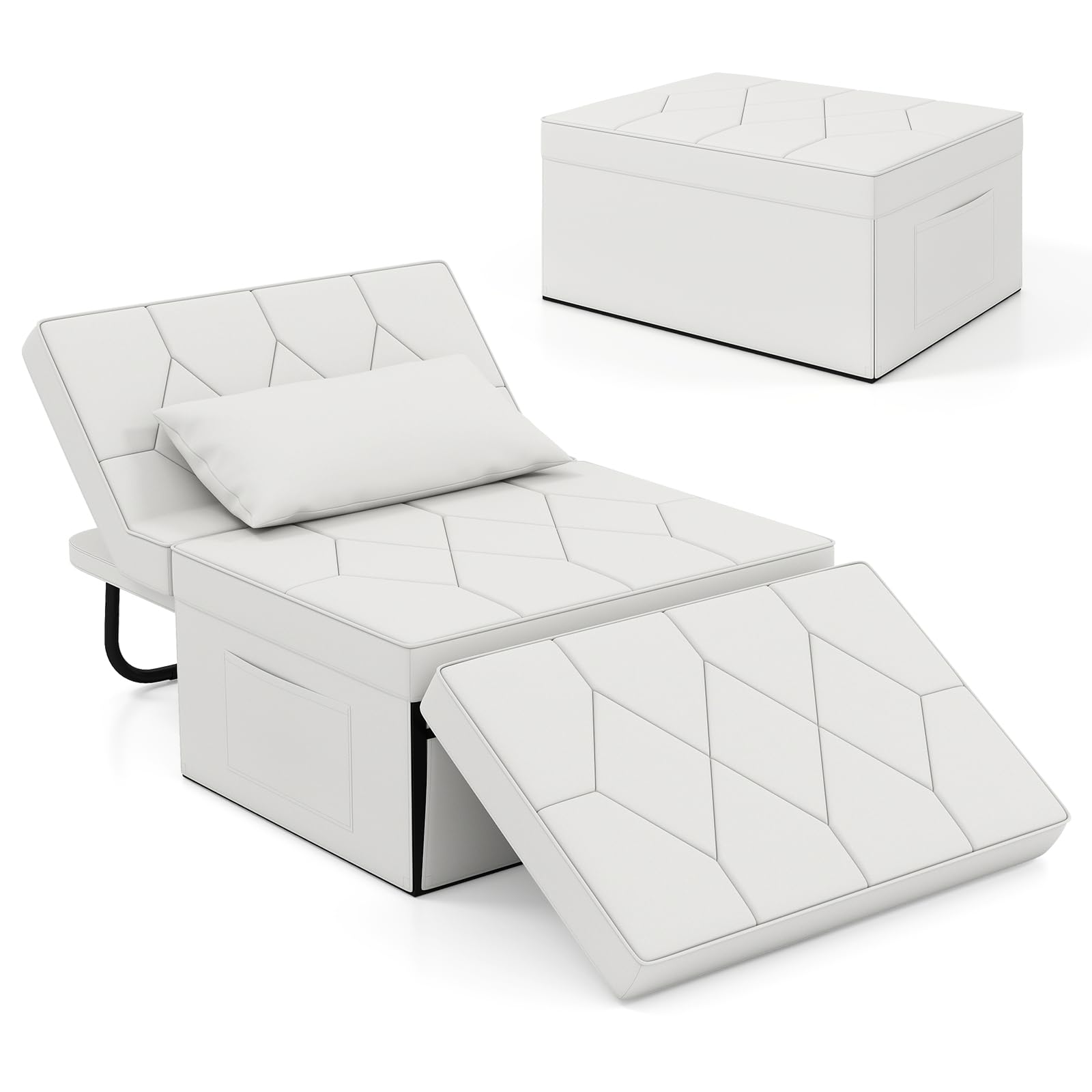 COSTWAY 4-in-1 Convertible Sofa Bed, Single Sofa Chair Sleeper Folding Ottoman with Adjustable Backrest, Retractable Legs and Pillow, Modern Tufted Lounge Couch Guest Bed (Linen Fabric, White)