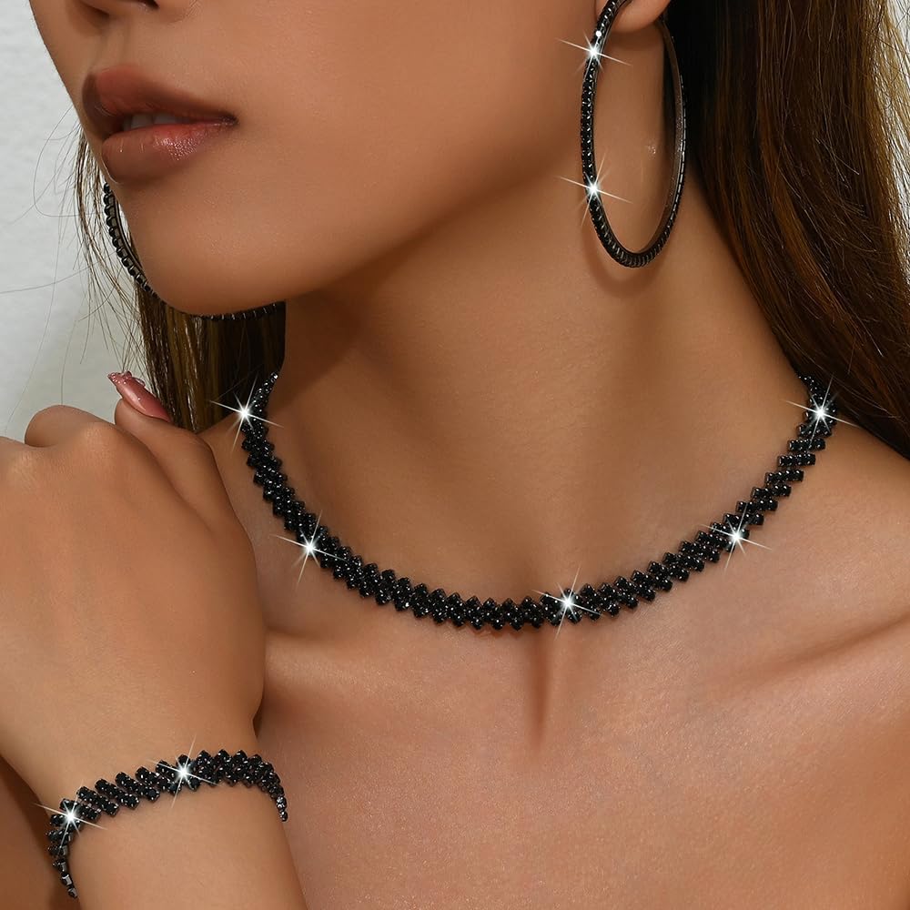 Boho Fashion Prom Shinny Black Rhinestones Choker Necklace Earrings Bracelet Set Dainty Black Hoop Large Circle Earrings Layered Silver Black Halloween Christmas Necklace for Women - Image 2
