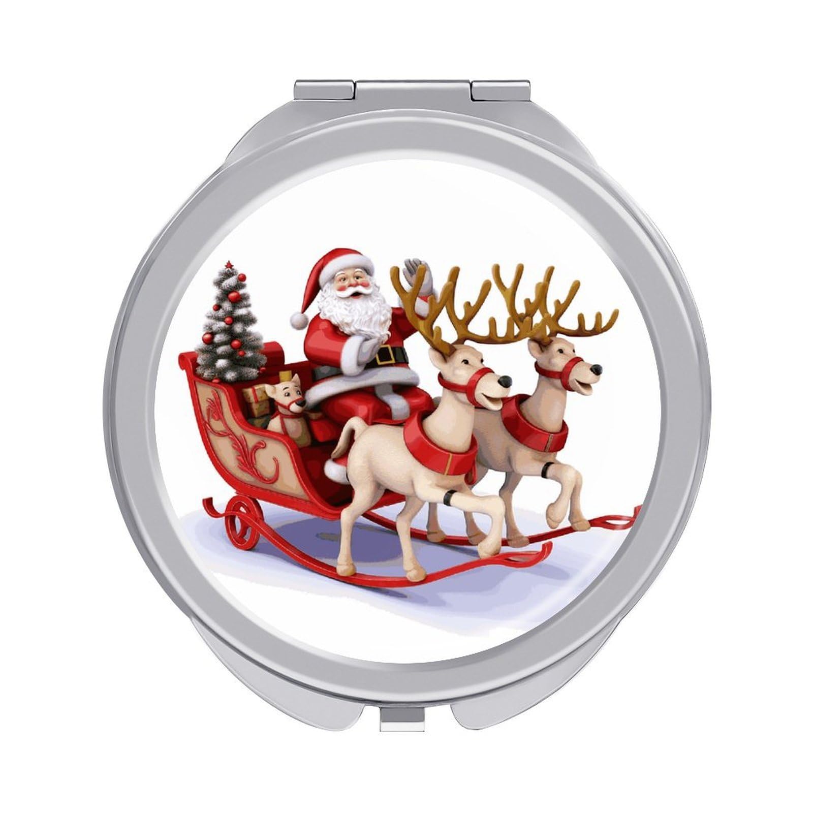 FekiLoot Santa Claus Reindeer Sled Travel Makeup Mirror 2 X /1 X Magnifying Slim Pocket Mirrors Compact for Purse Travel Makeup Mirrors for Pocket, Handbag, Purse Women Gift