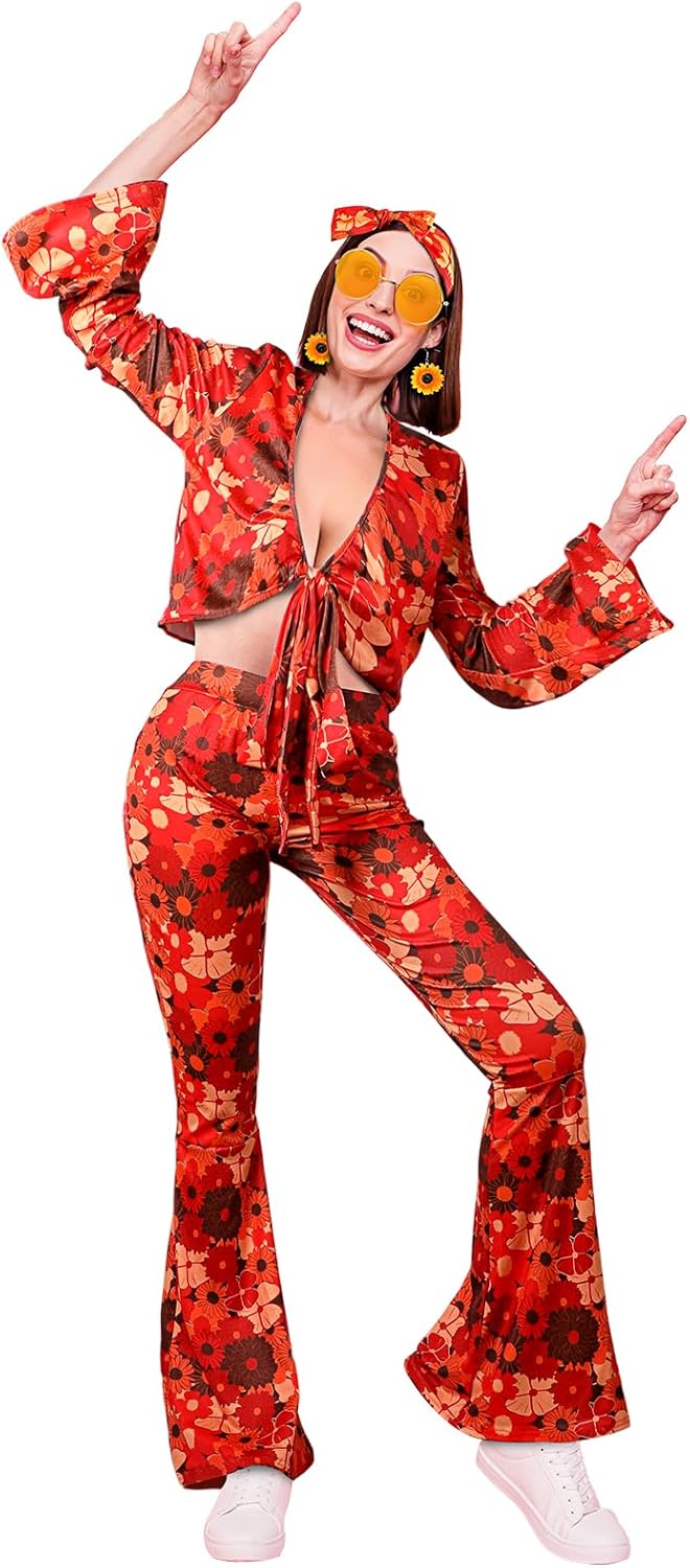 Foaincore 6 Pcs 70s Disco Outfits for Women Hippie Halloween Costume Set Flared Pants Headband Earring Sunglass - Image 7