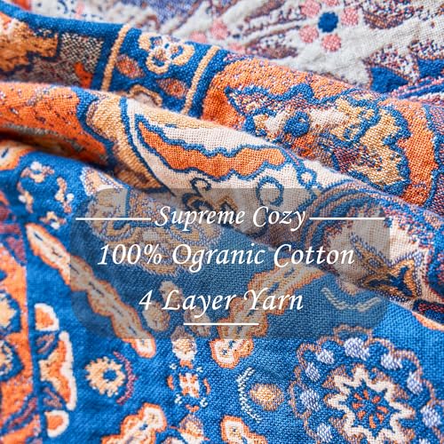 Image of VANJOROY Boho Throw Blanket for Bed Couch 50 inch x 60 inch, 100% Organic Cotton Skin-Friendly Ultra Soft Quilt Orange Throw - Floral Rustic Room Decor Luxury Reversible Blanket for Sofa Chair and Gift