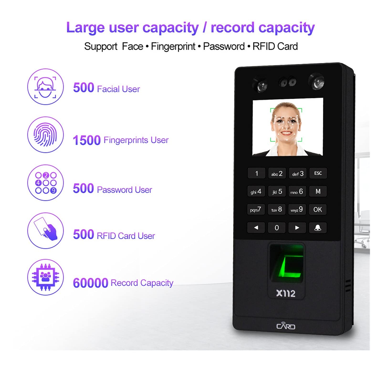 EDEDE Control Horario Empleados, Sistema de Control de Acceso de Puerta de Acceso Facial biométrico Software de Teclado de Teclado Lector de Huellas Dactilares Máquina de Asistencia a Tiempo(X112 K)