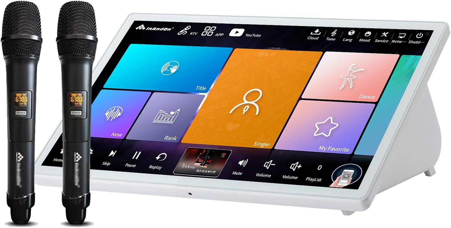 InAndOnkod Chinese Karaoke Player with 15.6" Touch Screen, Two Wireless Microphones, 4T harddisk with 90k Songs, Built-in YouTube App,Home Karaoke Party，Gift for Mother's Day (4T White) (4T=90K Songs)