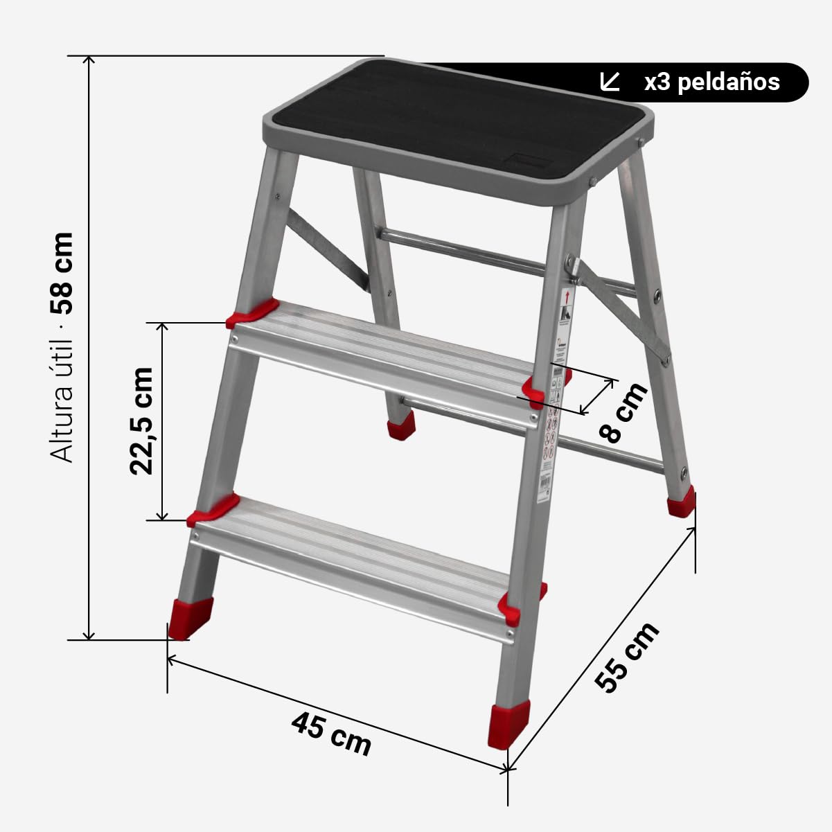 UniversalBlue Taburete Plegable de Aluminio Reforzado, 3 Peldaños, 58x45x45 cm, Estructura Estable para Cocina y Tareas Domésticas, Color Aluminio (3 Peldaños)
