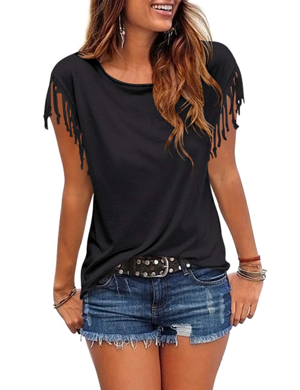 CosonsenWomen's Tassel Short Sleeve Round Neck T-Shirt Top Casual Summer Tee