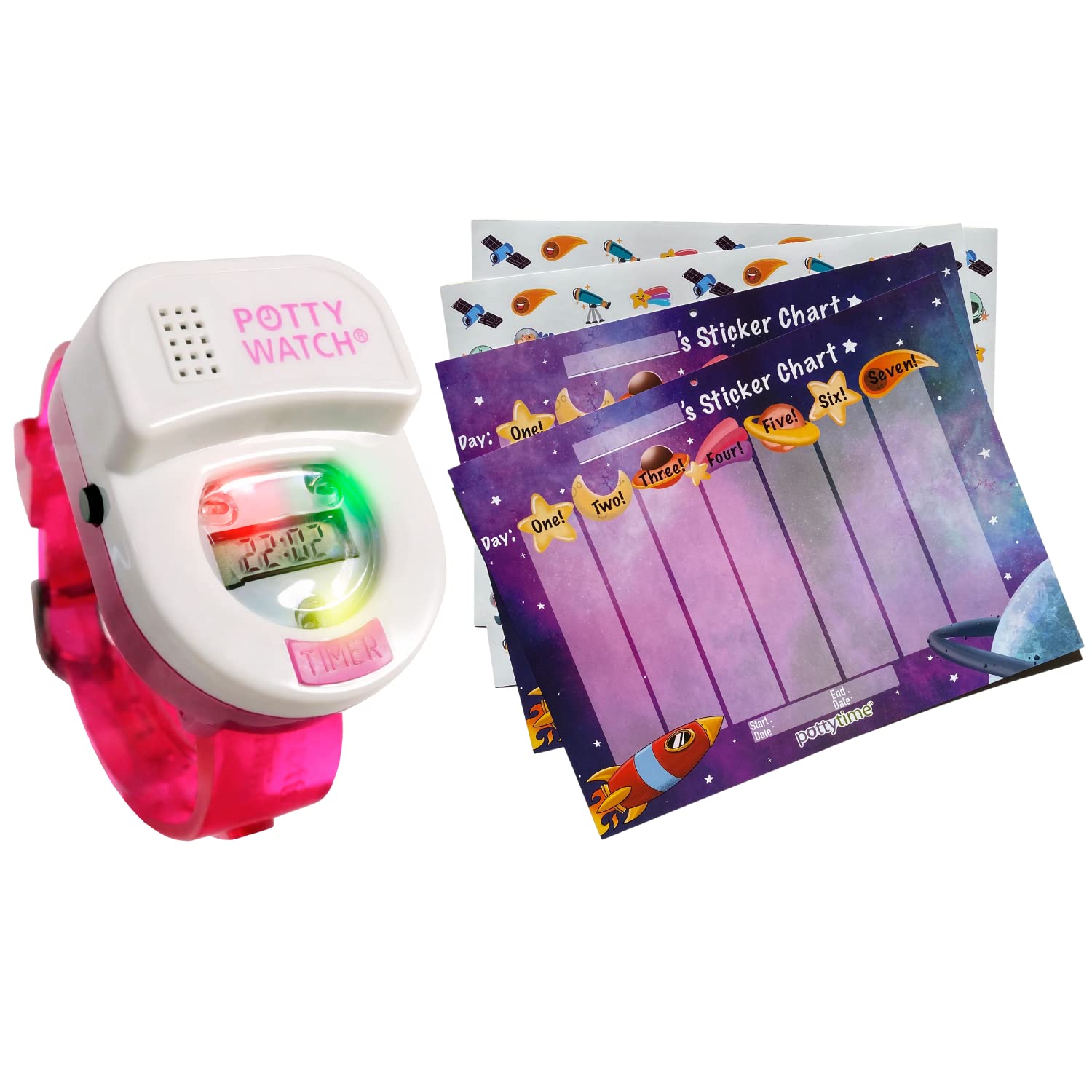 Potty Watch with Training Sticker Chart - Potty Reminder Watch and Sticker Chart for Kids - Water-Resistant Potty Watch with 3 Fun Flashing Lights and Music - (Space Sticker Chart, Pink)
