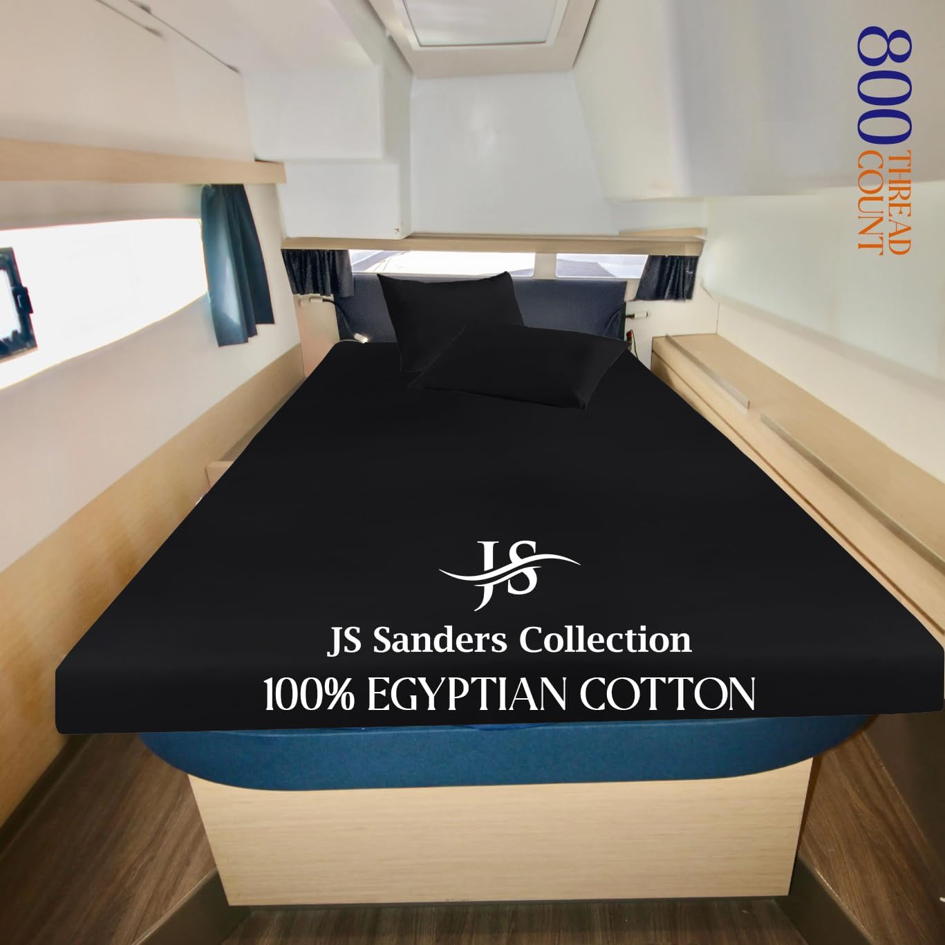 JS Sanders Universal V Berth Sheet Set 3 Piece 100% Egyptian Cotton 800TC V Berth Bedding Fits mattresses up to 8” Depth Durable & Easy Washable - Great Gift for Boaters Black