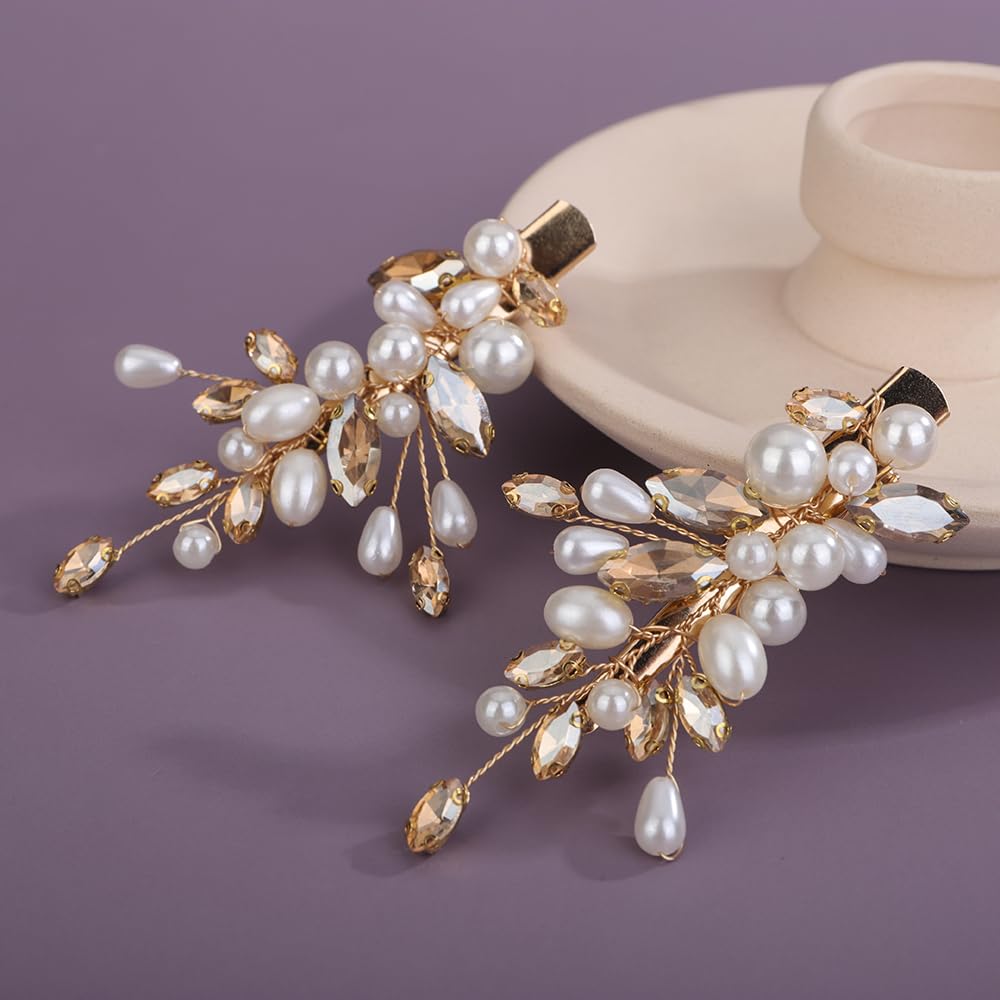 Teyglen 2 pinzas para el pelo de boda con perlas de cristal champán, pasadores para el pelo con diamantes de imitación, horquillas decorativas para el cabello, accesorios de joyería para el cabello