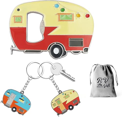 Haigoo Paquete de 2 llaveros de campista y abridor magnético de botellas de cerveza para refrigerador con receptor de tapas, juego de regalos de