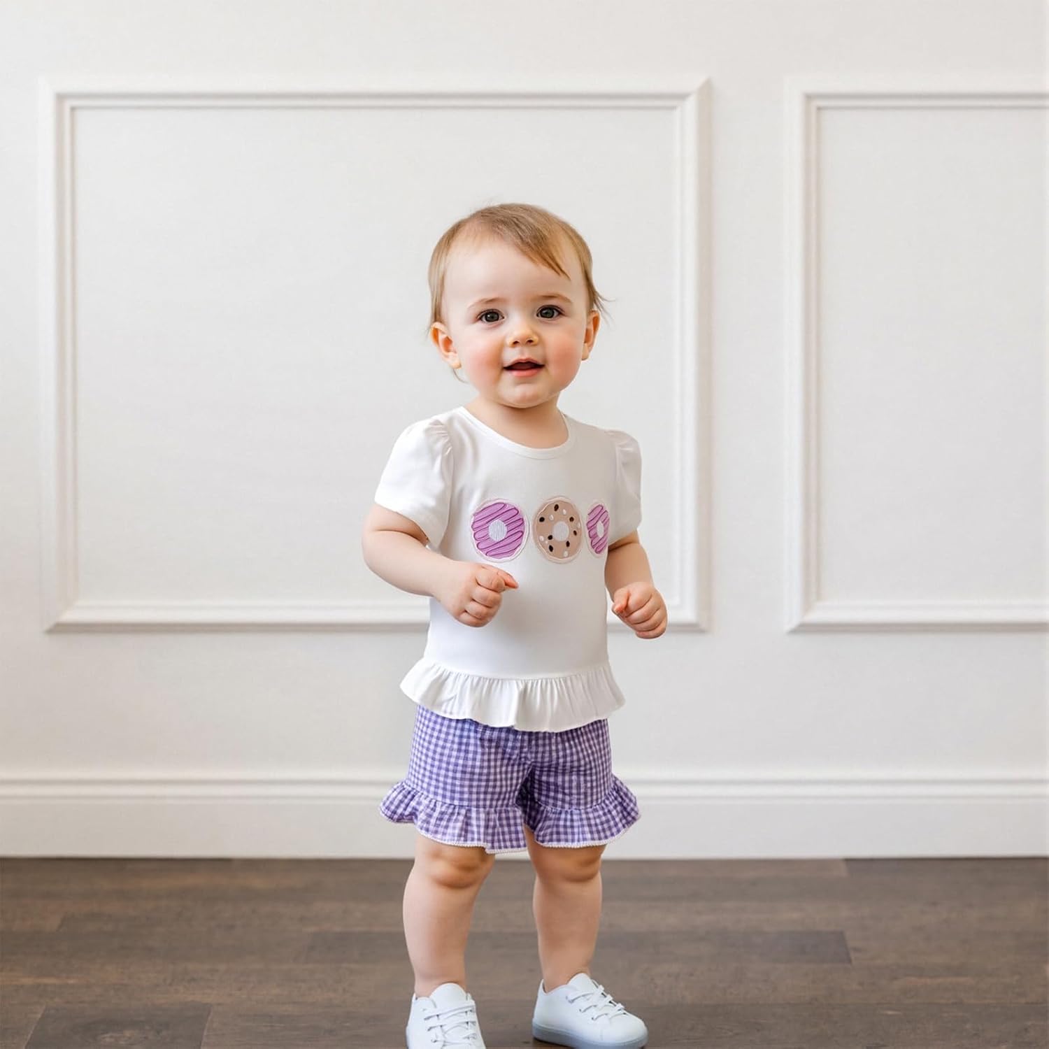 fhutpw Toddler Baby Girls Summer Clothes Smocked Short Sleeve T-Shirt Tops Ruffled Plaid Short Sets Cute Outfits 2Pcs - Image 2