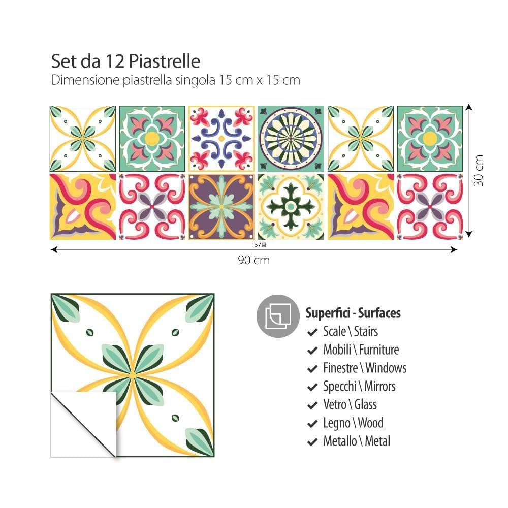 RE-COVERTILES - Adesivi per Piastrelle Bagno e Cucina 12 Pz 15x15 cm - PS00049 Decorazione murale in PVC impermeabile mattonelle mosaico stile cementine Azulejos