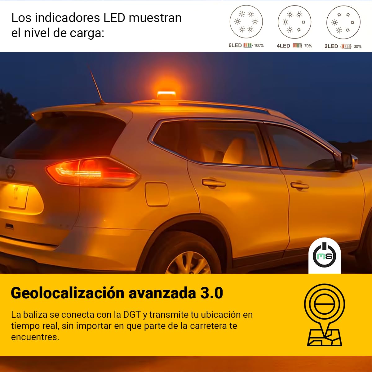 Baliza V16 Homologada DGT Luz de Emergencia IoT | Tarjeta SIM Integrada | Señal Conectada Geolocalizada DGT 3.0, Base Magnética, Visibilidad 1 km 360°, Incluye Pila V9 | Impermeable IP54