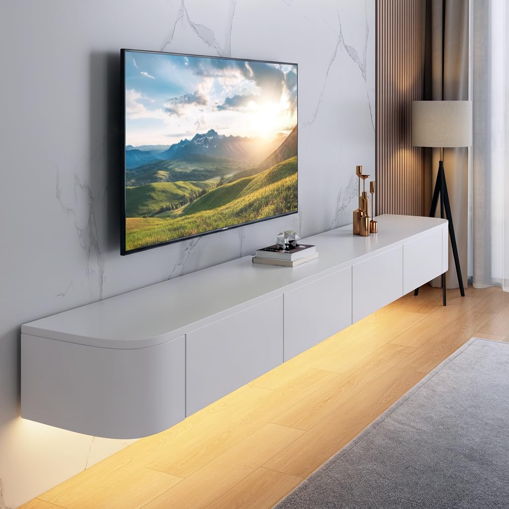 FGNIXLN Floating TV Stand,47-118 Inch Wall Mounted TV Shelf,Modern Entertainment Center Media Console with Storage for Bedroom,Living Room (White with