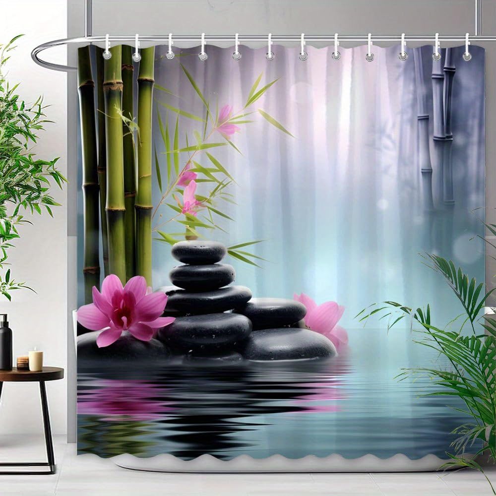 GLWDMB 1 Piece 120x180CM Zen Black Stones, Green Bamboo with Pink Flowers Printed Shower Curtain With Hook, Polyester, for Windows And Walls, Bathtub, Bathroom, Machine Washable, All Season Universal