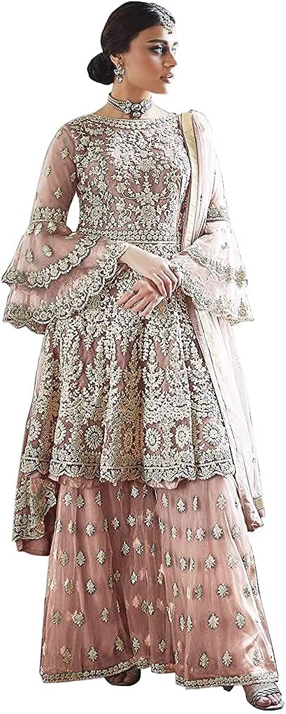 Women's Beige Net Semi Stitched Top With Stitched Net Bottom and Net Dupatta Embroidered Flared Top Dress Material (Kurta Palazzo Set) (D-1027)_Free Size