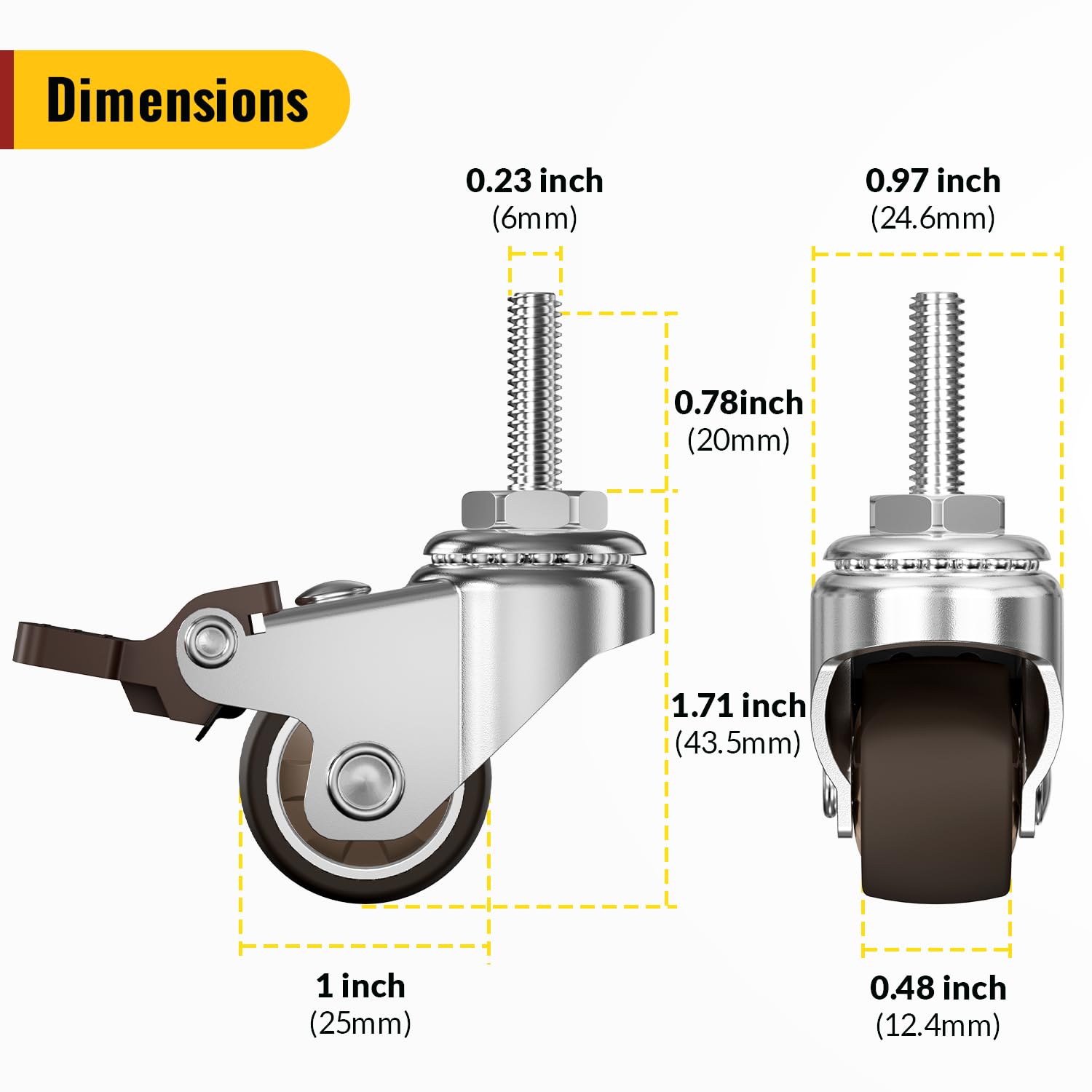 HOLKIE Set di 4 Rotelle per Mobili 25mm, Ruote Girevoli Piccole con Freno, Ruote di Ricambio Silenziose per Carrello e Tavoli, Perno Filettato M6x20mm, Capacità 40kg