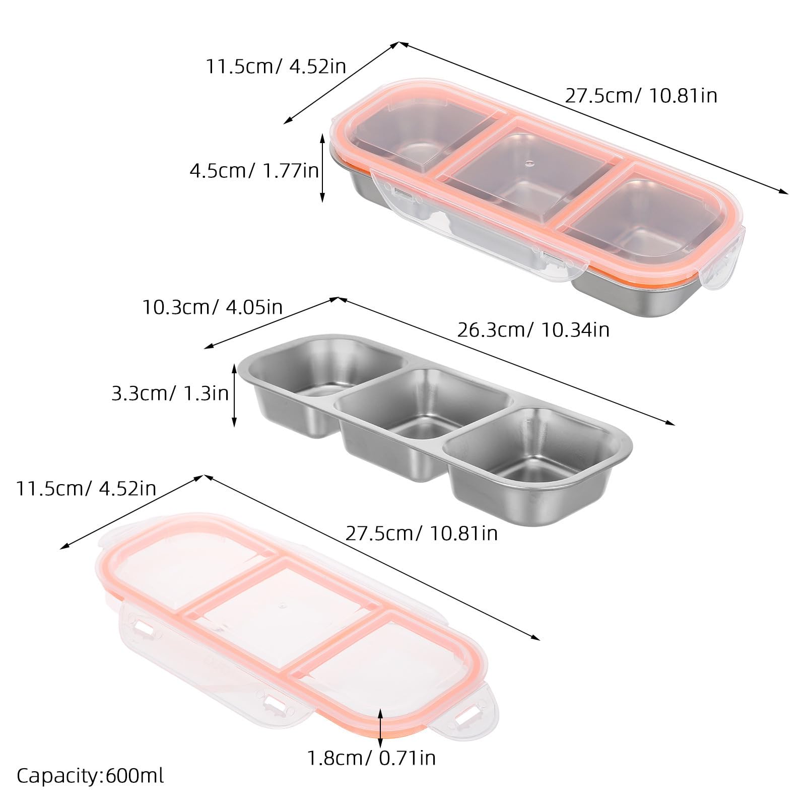 4 Stück-pack Edelstahl Snackbox mit 3 Fächern und 600ml Deckel | Luftdichter Verschluss, Rostbeständig und Leicht zu Reinigen, für Schule, Familie und Portionen