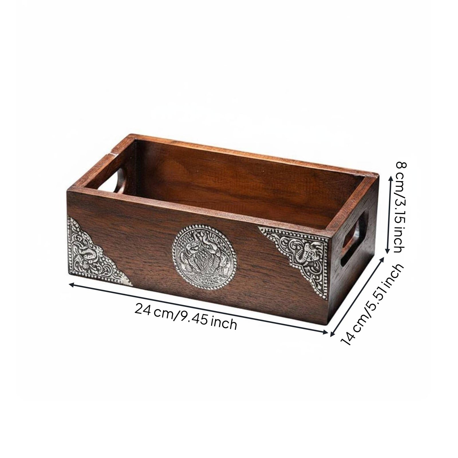 Industrial Tray Teak Holz Tablett Rechteck Serviertablett Dekotablett Aufbewahrung mit Zinn Elementen für Getränke Snacks Obst Und Briefe für Esstisch, Klein 24cm X 14cm X 8cm