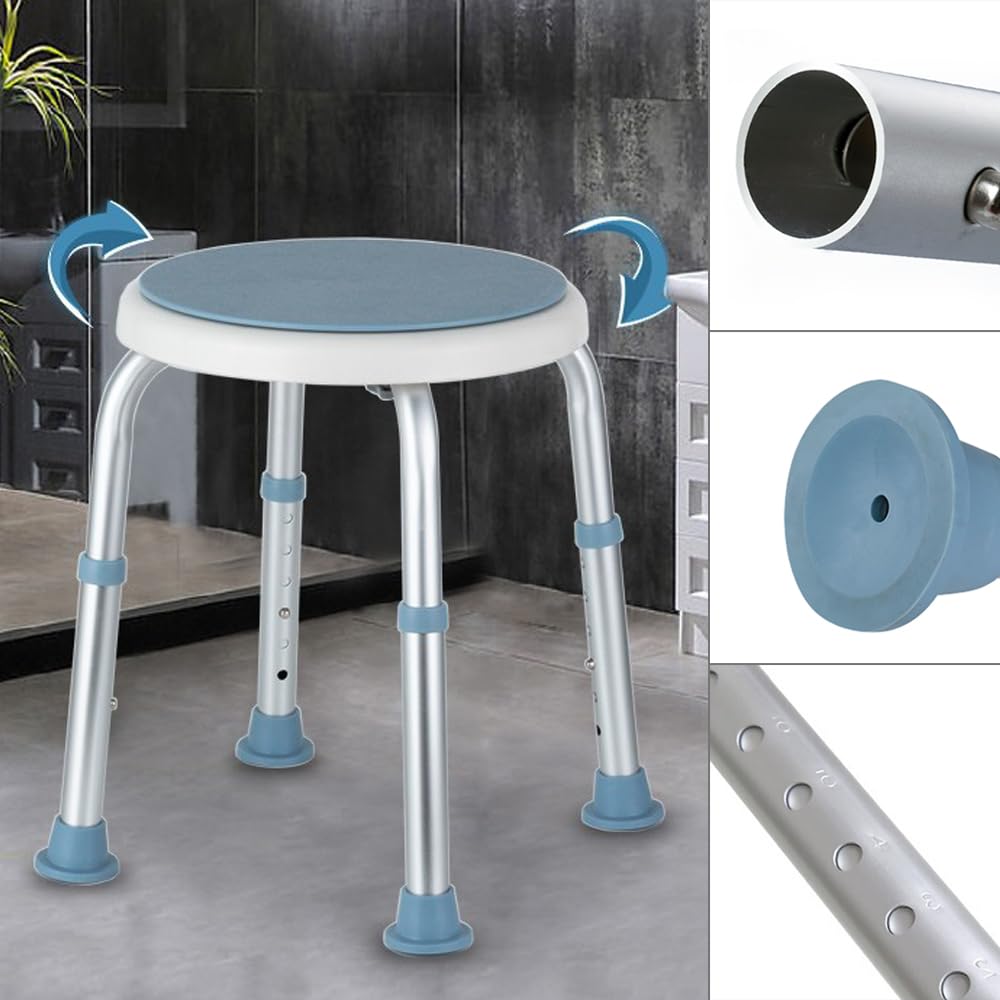 Sgabello da doccia girevole a 360°, Rotondo Regolabile in Altezza Sgabello per Doccia,con piedini Antiscivolo Sedia da doccia, portata fino a 136 kg, per Anziani e donn,Disabili