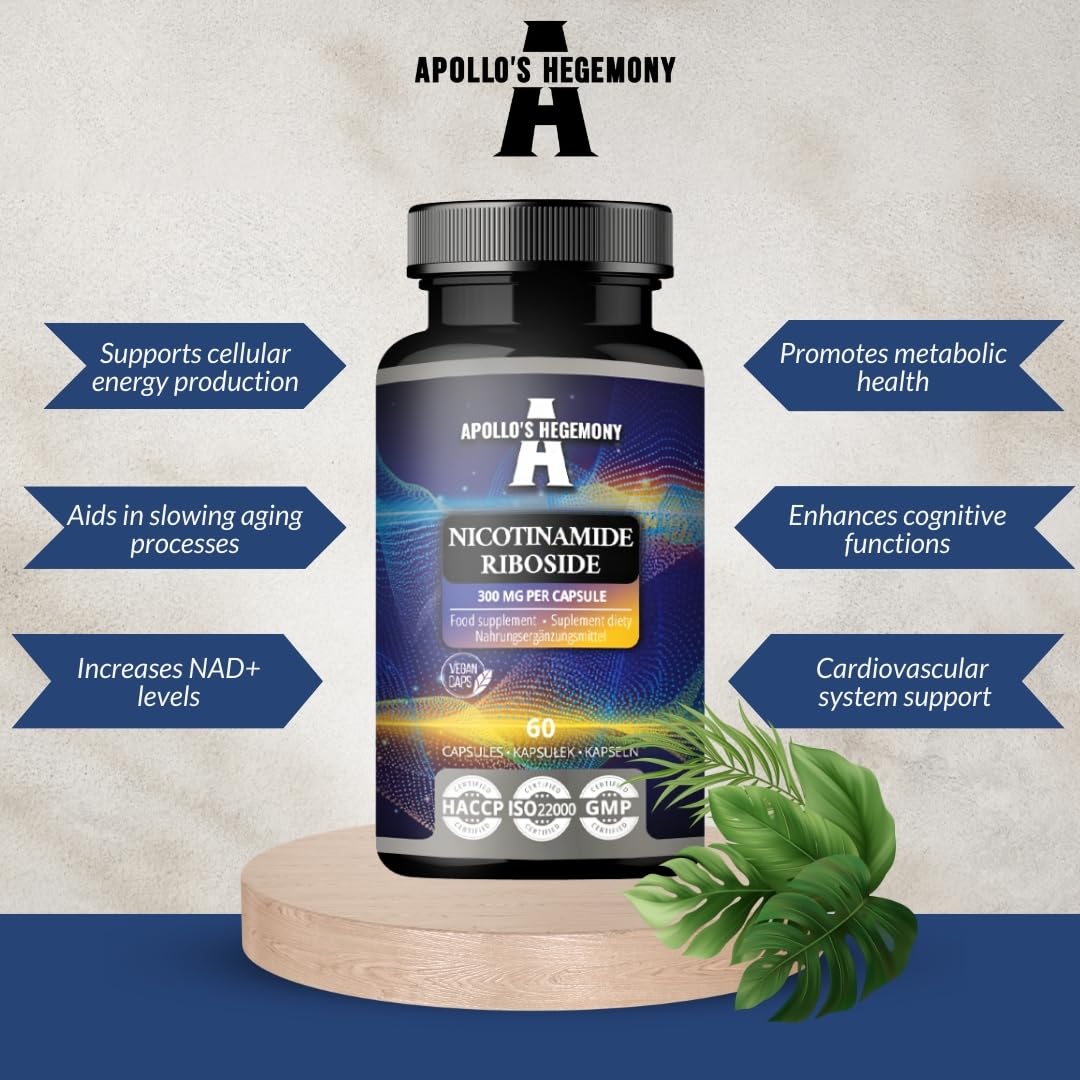 Rybozyd nikotynamidu (NR) 300 mg - 60 wegańskich kapsułek niacyny - zapas na 2 miesiące - suplement witaminy B3 wspomagający metabolizm energetyczny i zmniejszający zmęczenie - Apollo's Hegemony