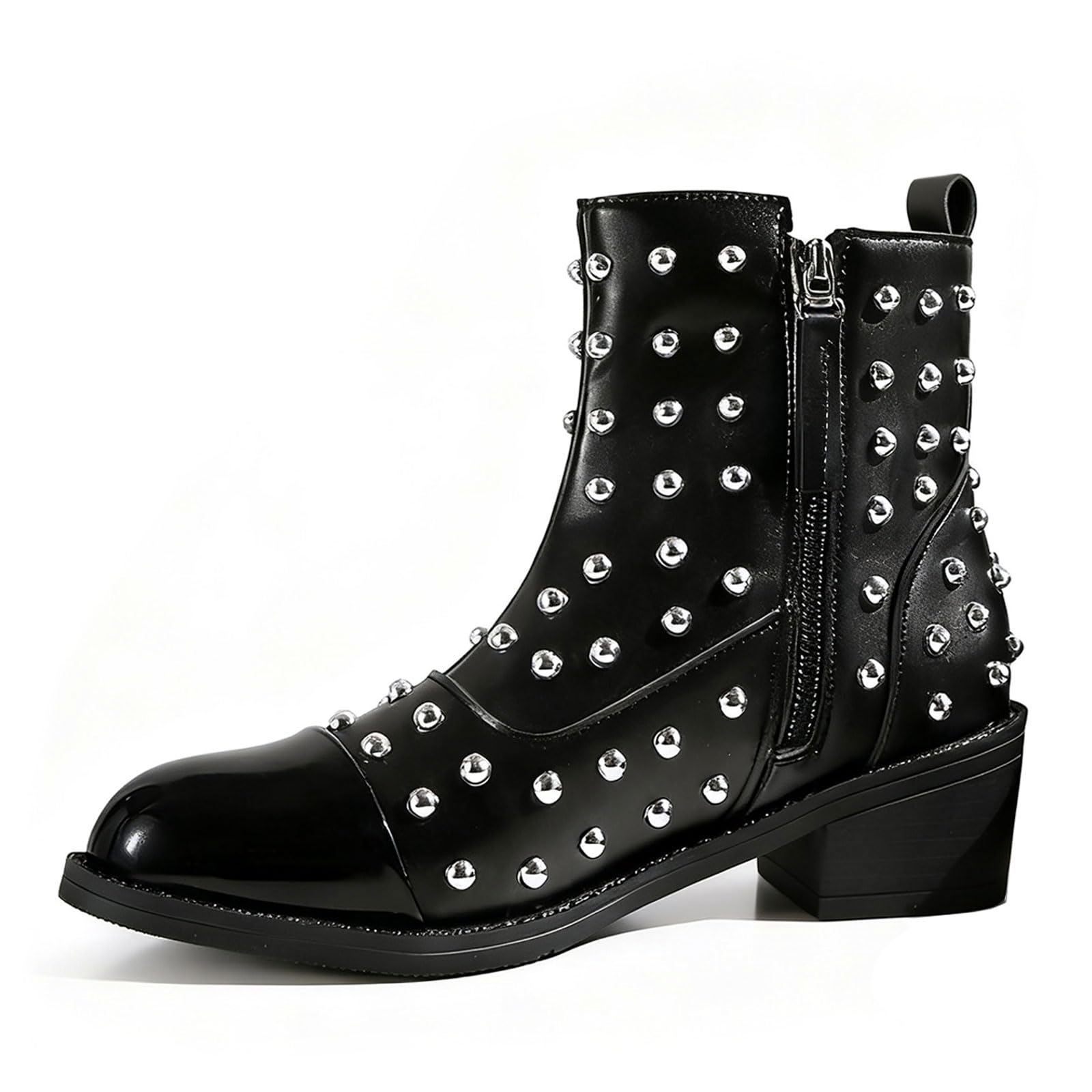 Womens Rivet Chunky Heel Chelsea Booties with Side Zipper Punk Metal Pull On Chunky Low Heels Motorcycle Riding