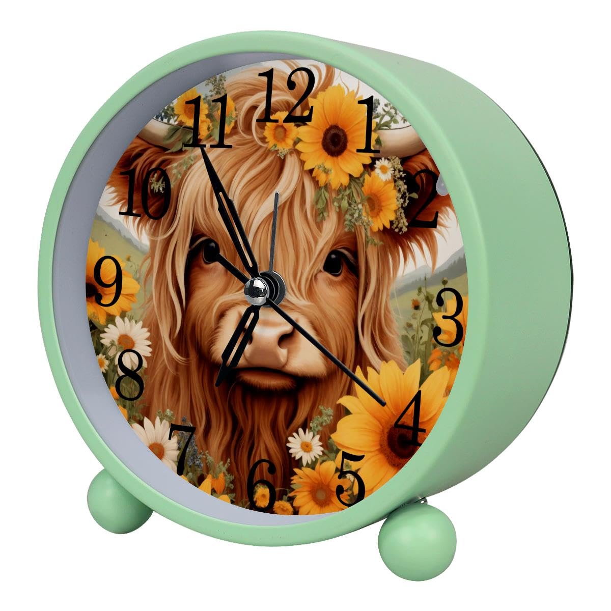Alarm Clock Highland Cow Sunflower, Silent Non-Ticking with Night Light