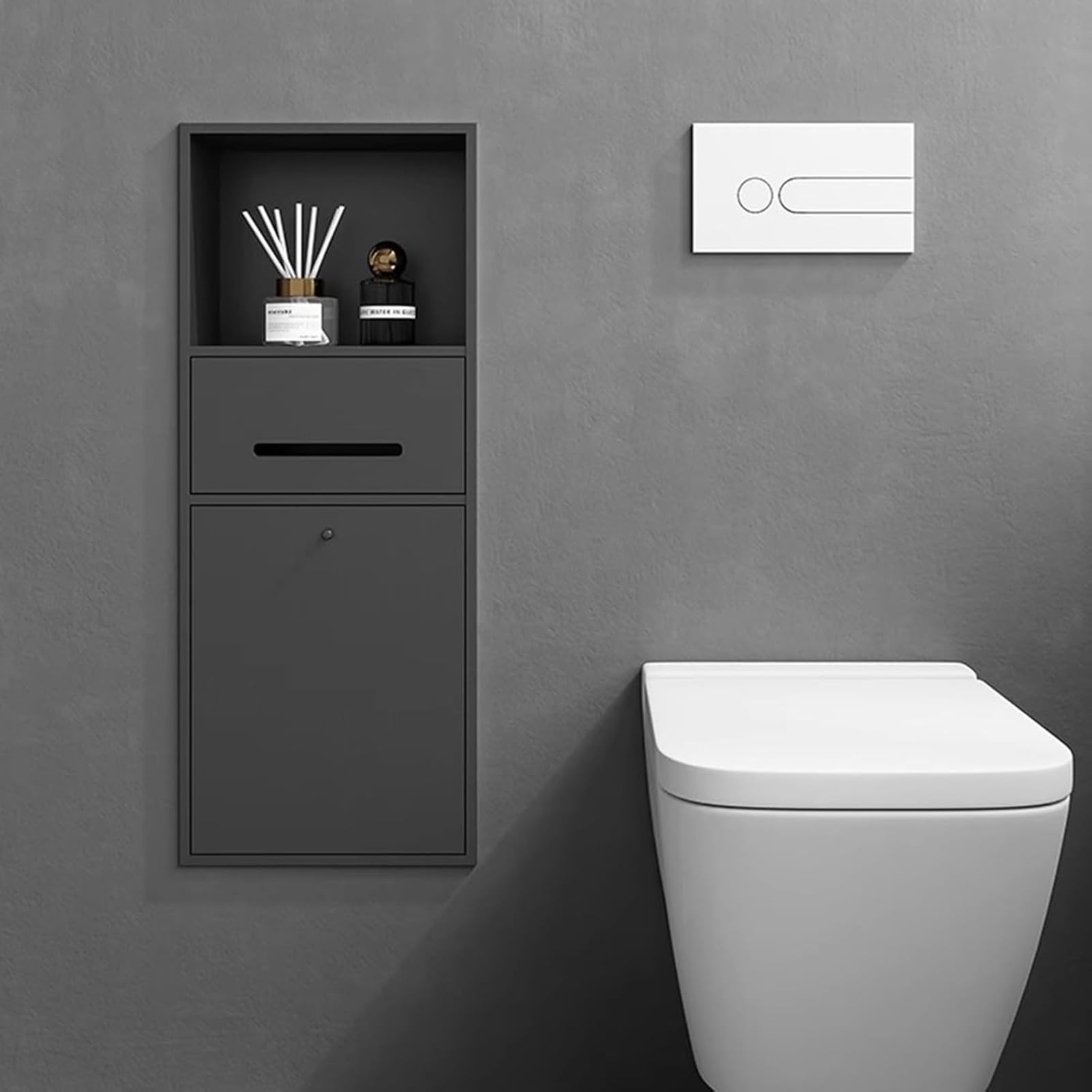 Wall-Mounted Toilet Paper Holder with Shelf and Recessed Trash Bin for Bathroom Organization and Remodeling