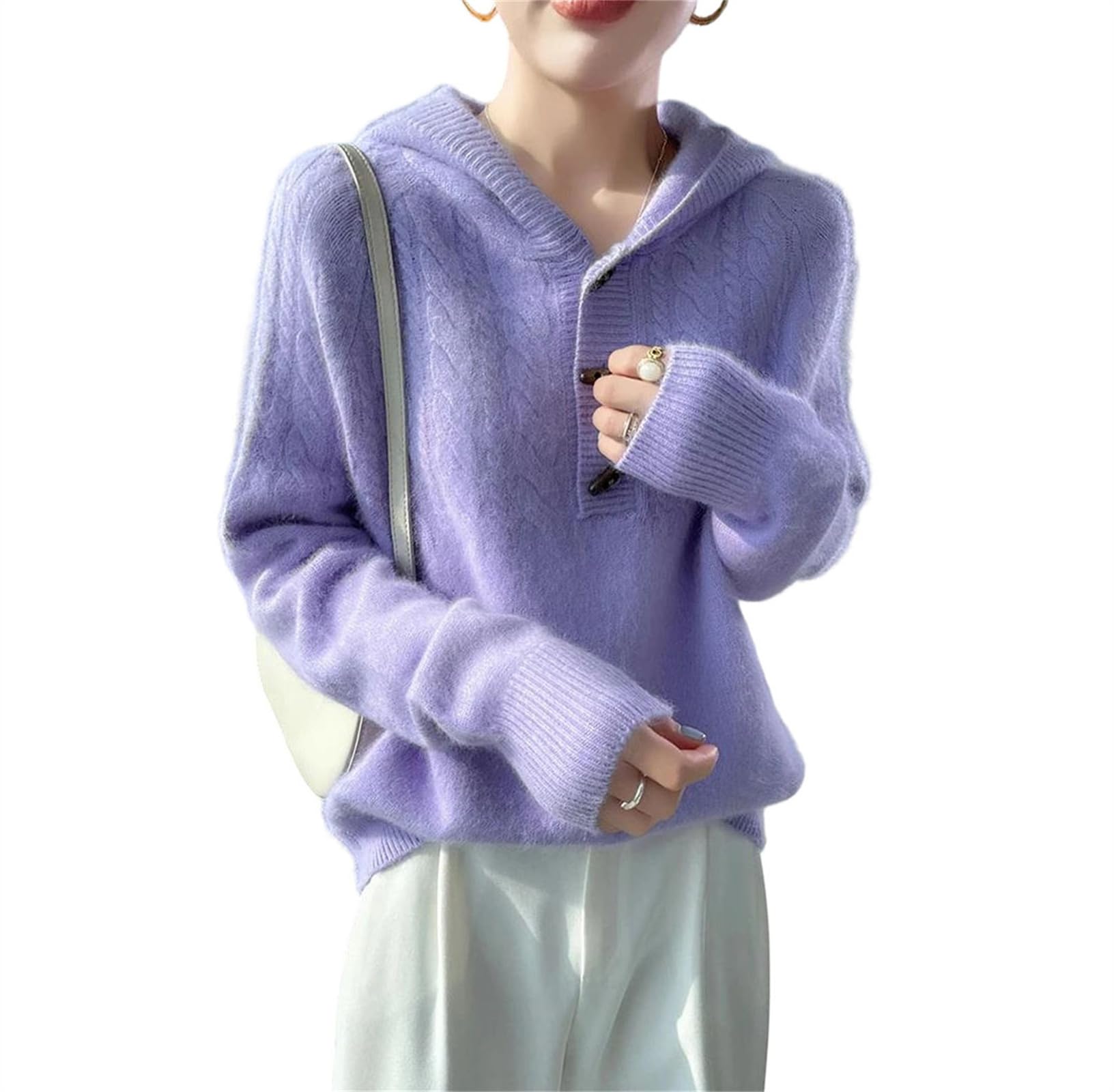Womens Solid Cashmere Blend Hooded Pullover Thick Twist Knit Sweater Soft Loose Long-Sleeve Warm Hoodie for Winter