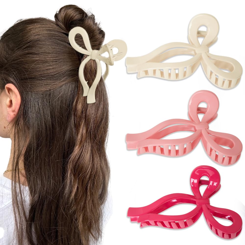 Bmobuo Butterfly Hair Clips and Bows Set - 3Pcs 5 Inch Trendy Claw Clips for Thick Hair, Pink Ribbon Clips, Coquette Hair Accessories