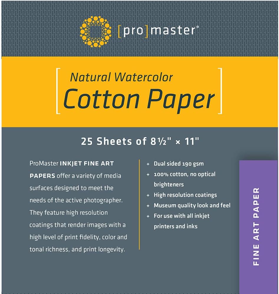 Amazon.com: Promaster Fine Art Inkjet Paper - 100% Cotton - Natural Watercolor - 8 1/2 X 11'' - 25 Sheets : Arts, Crafts & Sewing
