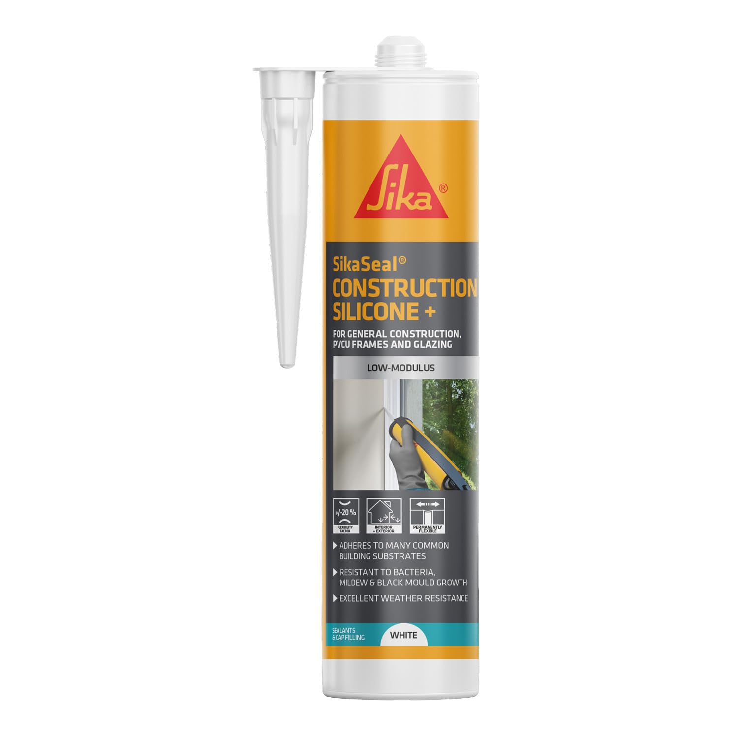 Sika SikaSeal Construction Silicone+ (Previously Everflex 335) - Low Modulus Sealant – Quick Curing – Anti-Mould – White – 295ml