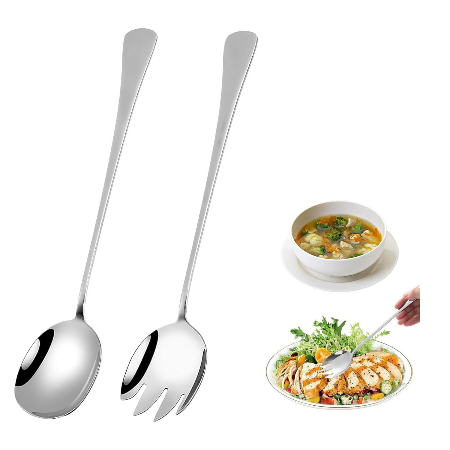 XinYangMao 2 Stück Servierbesteck 28 cm, Große Salatgabel und Servierlöffel aus Edelstahl - Langes Salatbesteck für Küche, Buffet, Party - Spülmaschinengeeignet für Hotel & Gastronomie