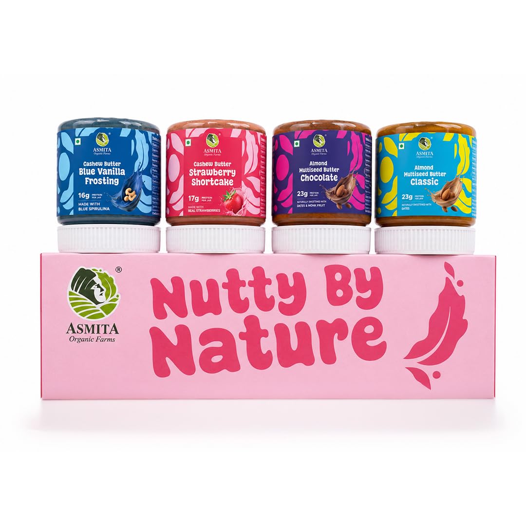 Asmita Organic Farms Nut Butter Tasting Pack – 4 Flavors (Classic Almond, Chocolate, Strawberry Shortcake, Blue Vanilla Frosting) | Date Sweetened, Vegan & Protein-Rich | Multi-Seeds & Avocado Oil | 100g Each-image-48