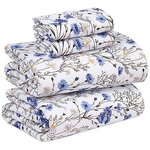 RUVANTI 100% Cotton Sheets - Crispy Cooling Percale Sheets for Full Size Bed, Breathable & Durable Full Sheet Set, 16 Inches Deep Pocket Bed Sheets, Sweet Pea, 4 Pieces Cover