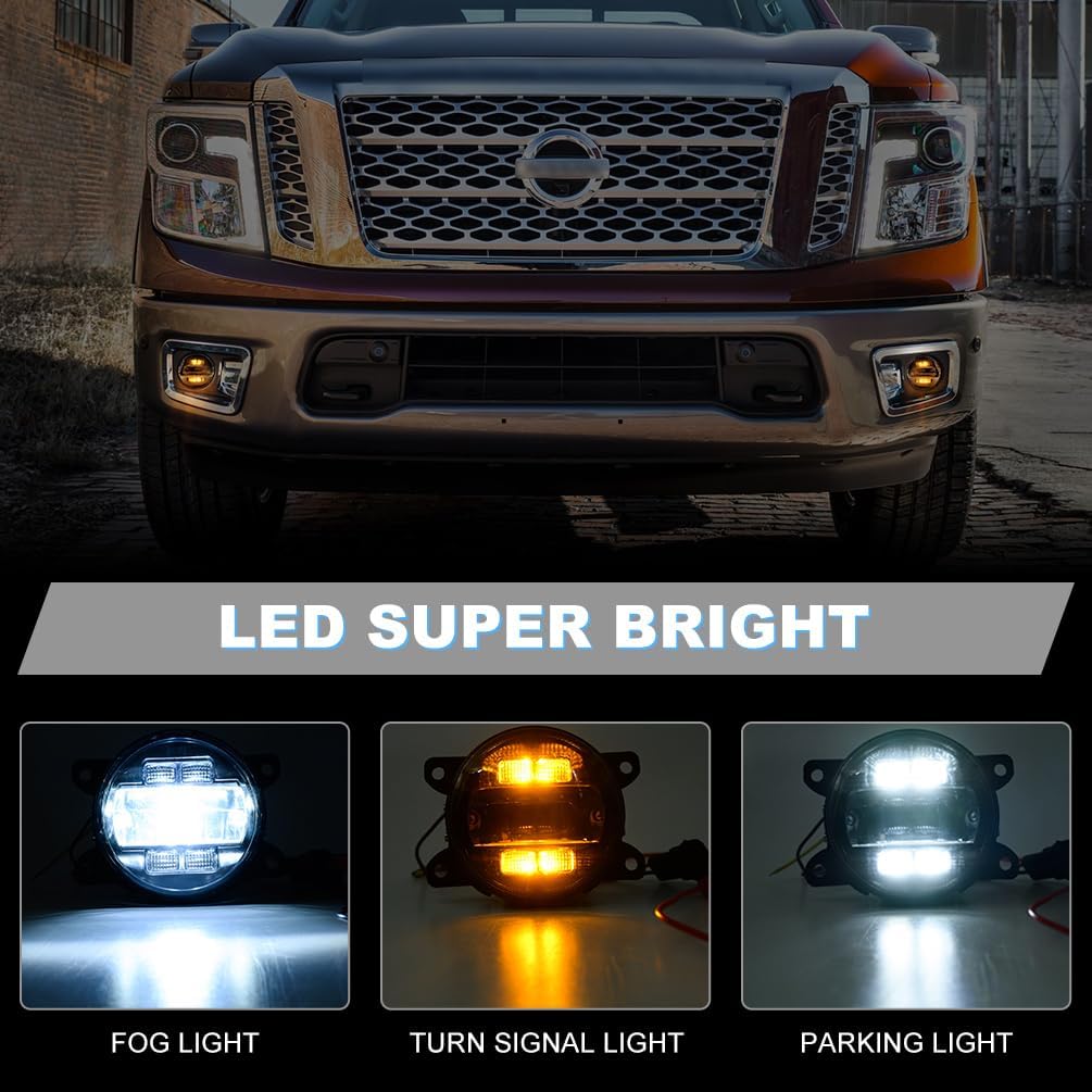 NJSBYL LED Fog DRL Lights for Nissan Titan Frontier Xterra Armada Leaf Pathfinder NV3500 Sentra White LED Daytime Running Driving Spot Fog Lamps Switchback Amber LED Turn Signal Lights Assembly