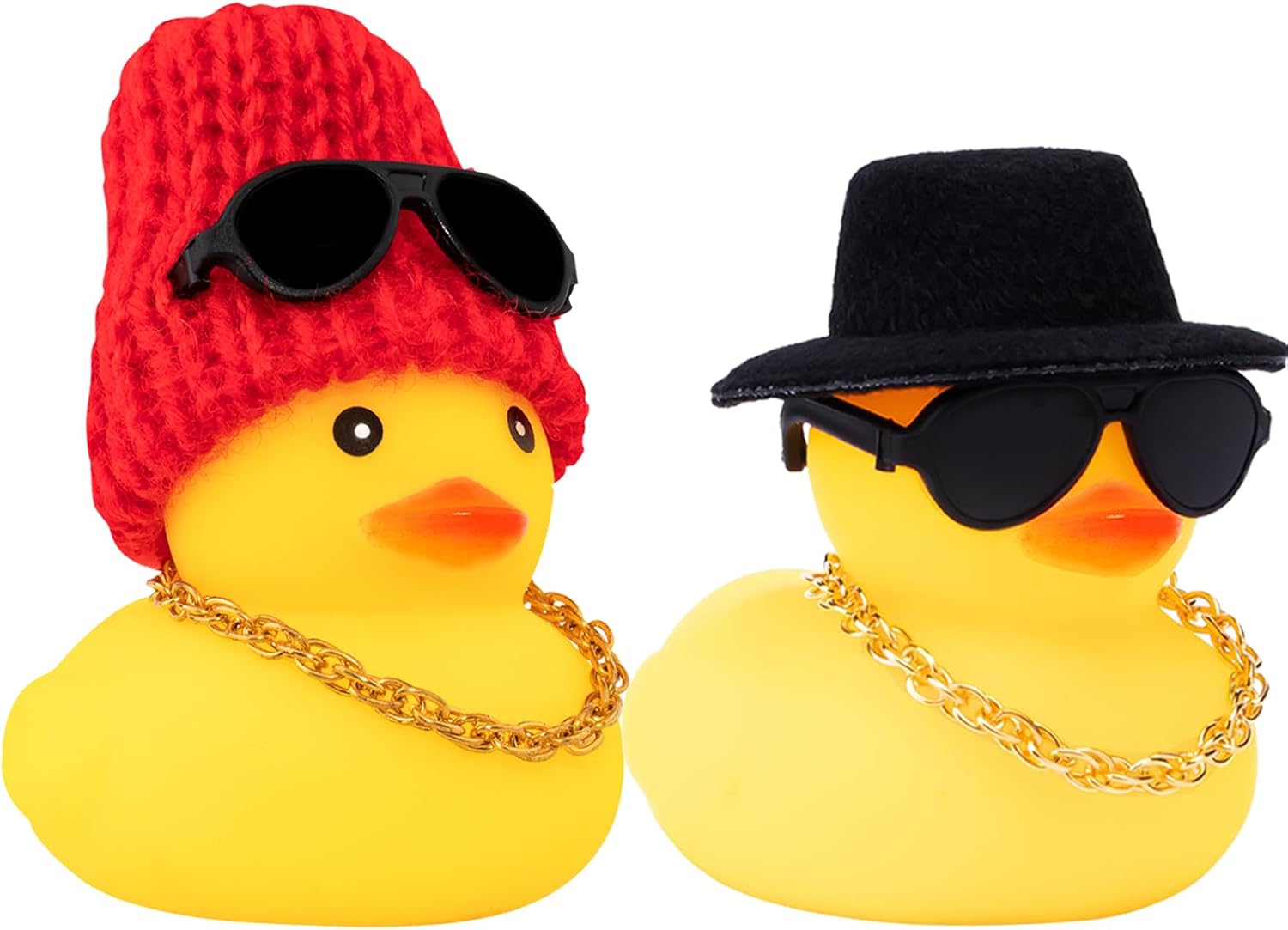 wonuu 2Pcs Car Rubber Duck for Dashboard Decorations with Propeller Top/Knitted Hat Sunglasses Necklace Cars Accessories Yellow Ducks Car Ornament, Black+Red