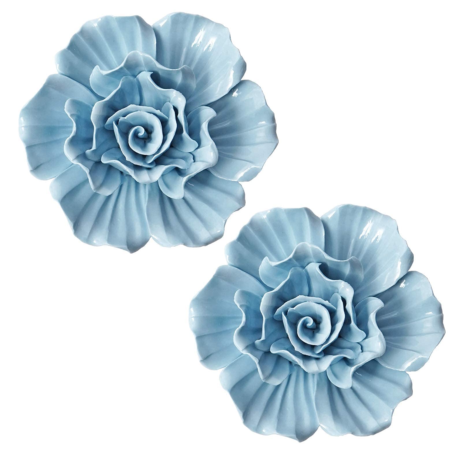 LIUCOGXI 4.3" Rose Ceramic Flower Art Wall Decor Set of 2 Handcrafted 3D Artificial Blue Rose Hanging Sculptures for Living Room Home Hallway Bedroom Farmhouse Bathroom