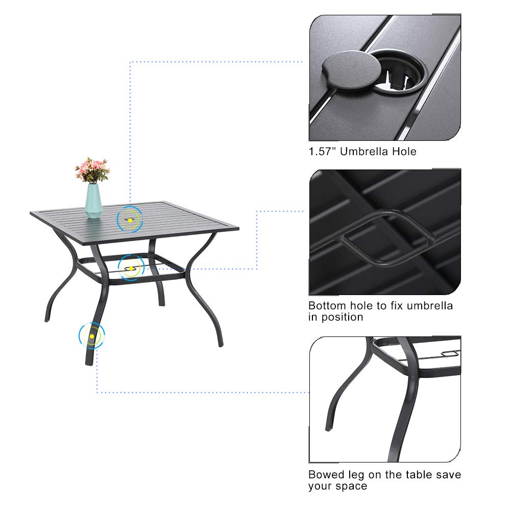 PHI VILLA 5 PCs Gartenmöbel Set Wetterfest Gartentisch mit Stühlen Outdoor Terrassenmöbel Set mit 7 Verstellbaren Garten Klappstühle Quadratischen Metall Stahl Esstisch mit 4cm Schirmloch Grau